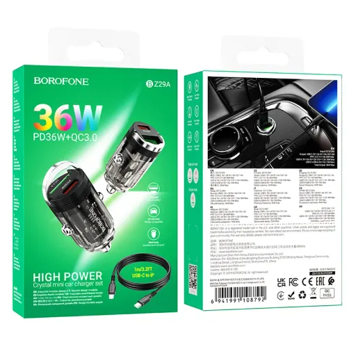 BOROFONE BZ29A Մեքենայի լիցքավորիչ (Թափանցիկ) + Type-C-ից Lightning մալուխ – Սև