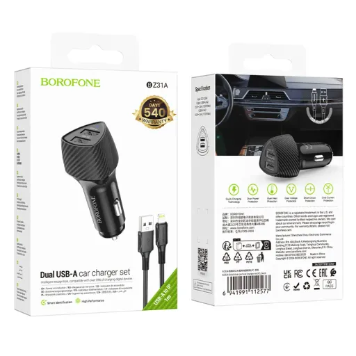 BOROFONE BZ31A Մեքենայի լիցքավորիչ + Lightning մալուխ – Սև