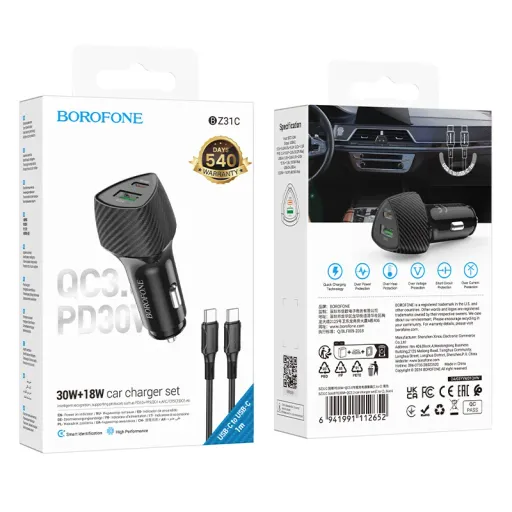 BOROFONE BZ31C Մեքենայի լիցքավորիչ + Type-C-ից Type-C մալուխ – Սև