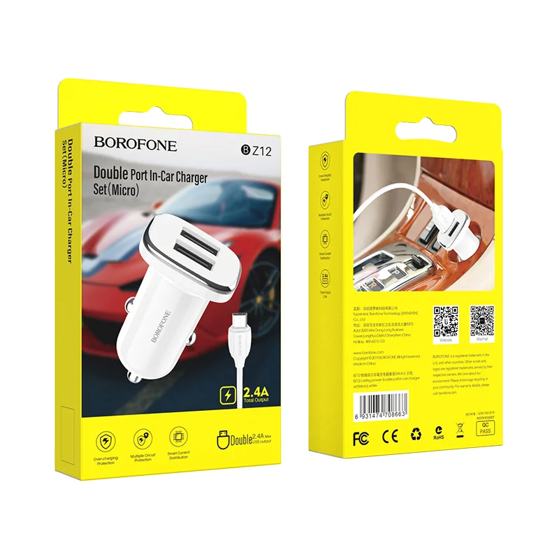 BOROFONE BZ12 Մեքենայի լիցքավորիչ + Micro-USB մալուխ (2 USB) – Սպիտակ