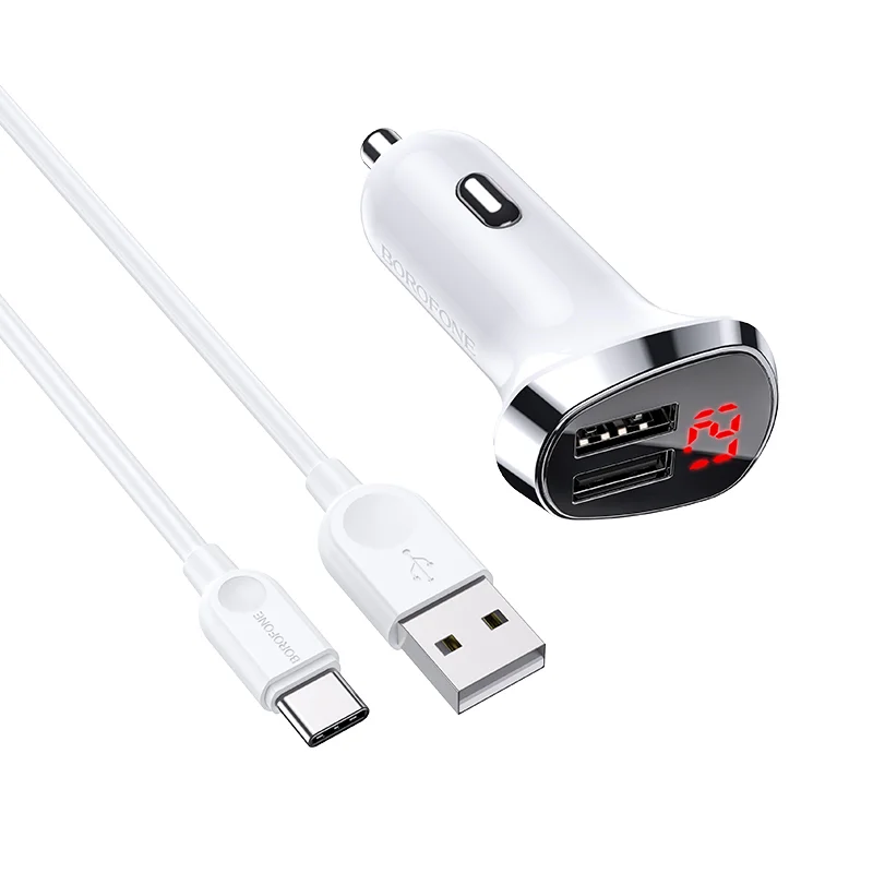 BOROFONE BZ15 Մեքենայի լիցքավորիչ + Type-C մալուխ (2 USB) – Սպիտակ 2